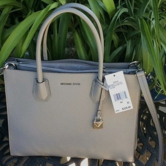 Michael Kors "MERCER"LG Acrdion Conv Tote Pearl Grey LeatherNWT